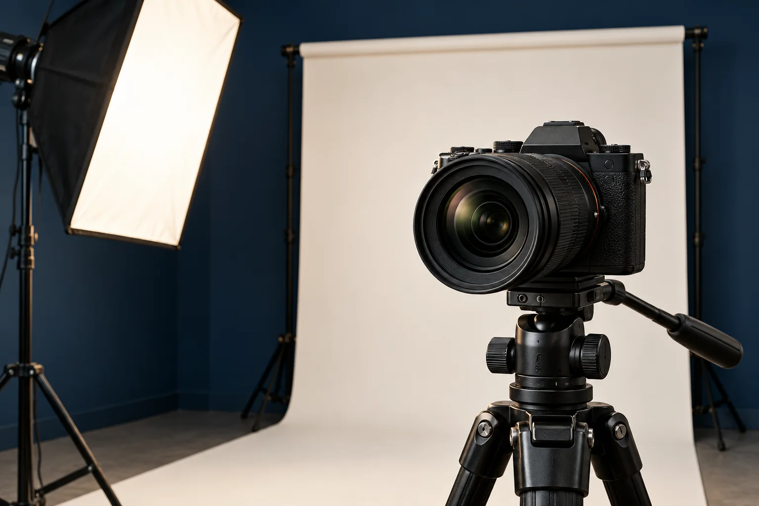 Illustratieve camera, statief en neutrale achtergrond in een fotostudio, geen foto van de echte studio